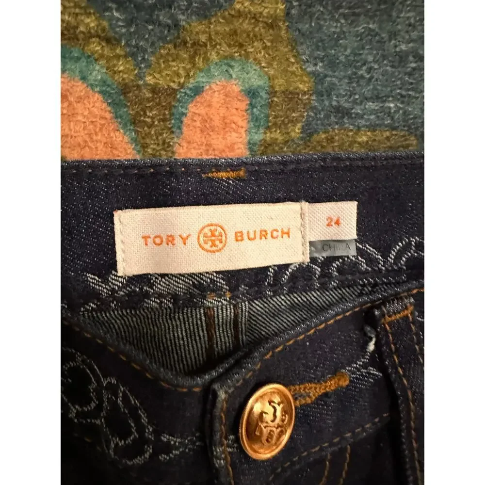 Tory Burch Gemini Link Bloom Jacquard Denim Pants Size 24